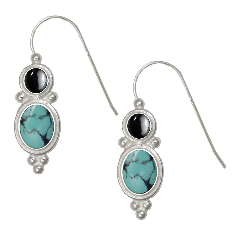 Sterling Silver Drop Dangle Earrings Chinese Turquoise And Hematite